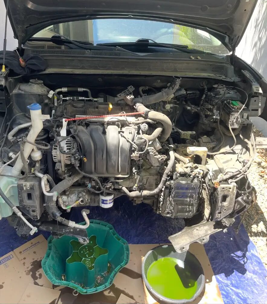 Coolant drained during an engine and transmission job