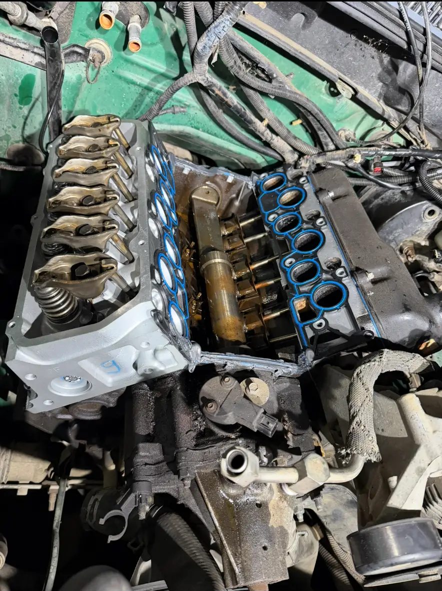 V8 intake manifold off with new gaskets during a repair